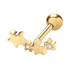 9ct Yellow Gold Shooting Stars Cz Cartilage 6mm Bar Screw Back Single Stud Earring - Real 9K Gold