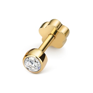 9ct Yellow Gold Solitaire 0.07ct Bezel Rubover Diamond Cartilage 6mm Bar Single Stud Screw Back Earring - Real 9K Gold