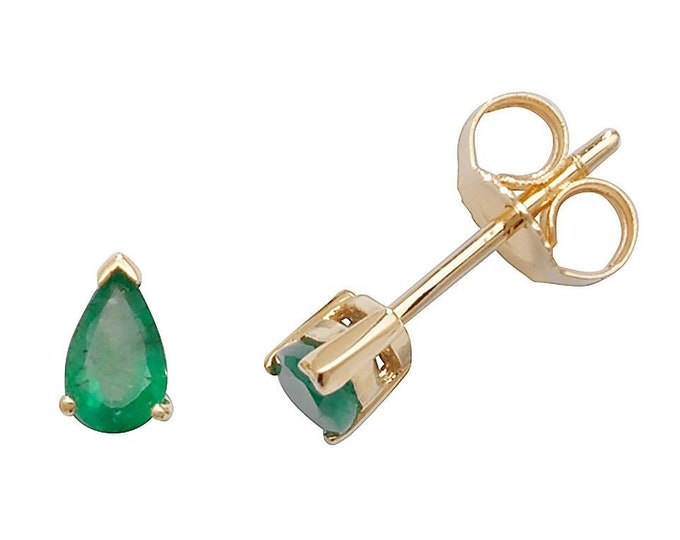 Pear Cut Green Emerald 5x3mm Claw Set Stud Earrings 9K Yellow Gold Real Emerald