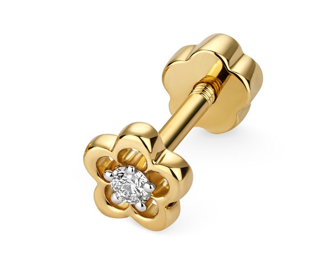 SINGLE 9K Yellow Gold 0.03ct Diamond Flower Stud Cartilage 6mm Bar Screw Back Earring - Solid 9K Gold