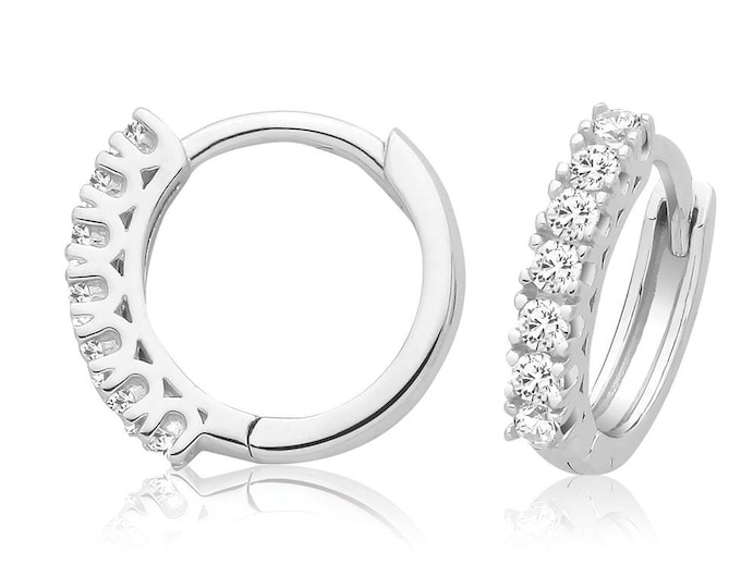925 Sterling Silver 12mm Diameter Half Set Cz Hinged Clicker Hoop Earrings Rhodium Plated