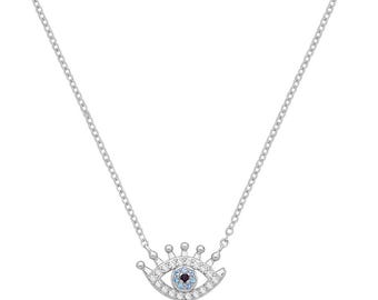 Evil Eye Blue Cz Charm Pendant on 16.5"-17.5" Necklace Rhodium Plated Silver