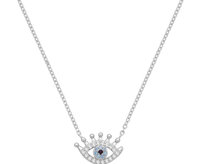 Evil Eye Blue Cz Charm Pendant on 16.5"-17.5" Necklace Rhodium Plated Silver