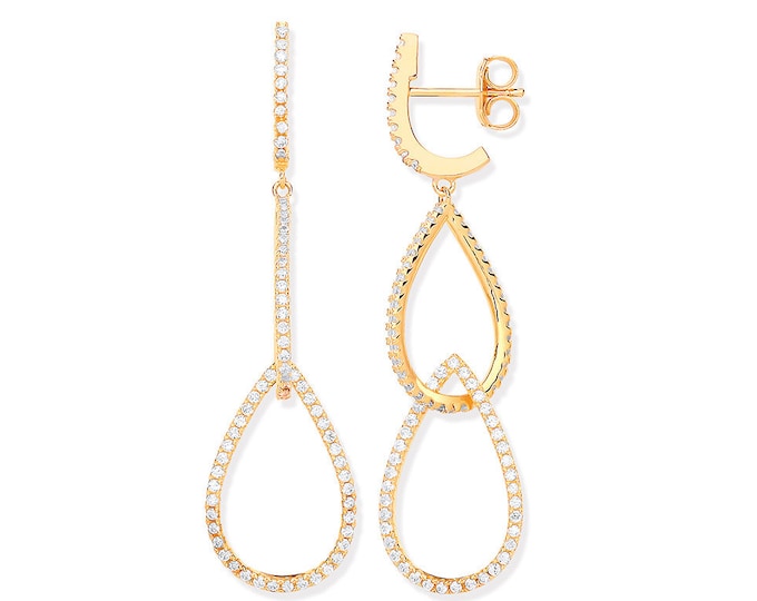 925 Silver Yellow Gold Plated Pave Cz Pear Shape Link 5.4cm Teardrop Earrings