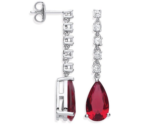 925 Sterling Silver Pear Cut Red Ruby Colour Cz 3.7cm Long Drop Earrings