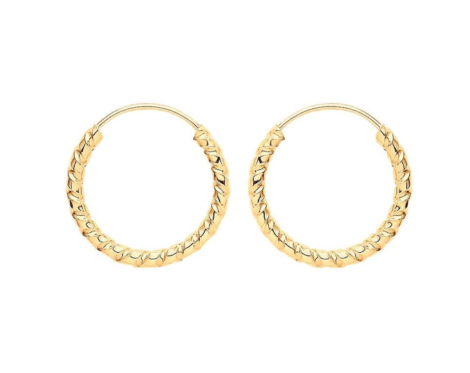 9ct Yellow Gold 11mm Diameter Twisted Threader Sleeper Hoop Earrings - Real 9K Gold