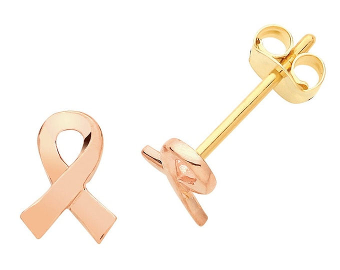 9ct Rose Gold Pink Ribbon Breast Cancer Awareness Symbol Stud Earrings- Real 9K Gold