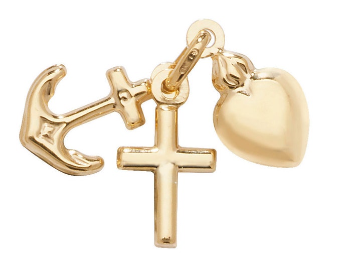 9ct Yellow Gold Faith Hope Charity Charm Pendant - Anchor Heart Cross - Real 9K Gold