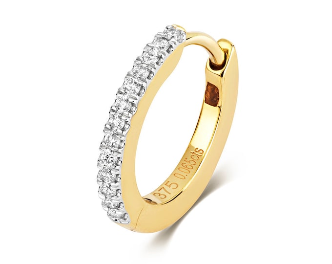 9ct Yellow Gold 12mm Diameter Claw Set 0.06ct Diamond Hinged Cartilage SINGLE Hoop Earring - Real 9K Gold