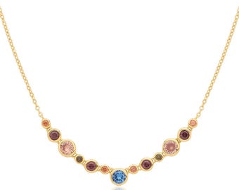 18k Gold Plated Sterling Silver Multi Coloured Cz Stone 16.5"-17.5" Necklace