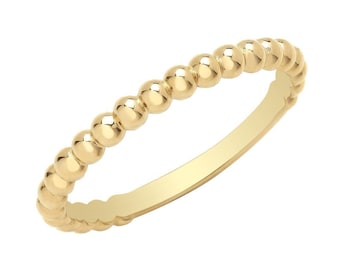 Ladies 9ct Yellow Gold 2mm Plain Polished Bobble Bead Ribbed Ring Hallmarked 375 - Real 9K Gold