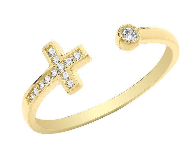 Ladies 9ct Yellow Gold Channel Set Cz Sideways Cross Torque Ring - Real 9K Gold