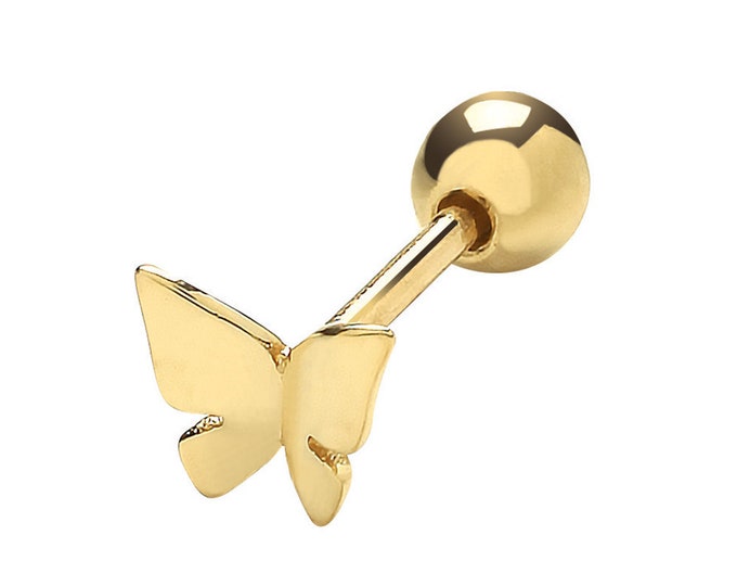 9ct Yellow Gold Butterfly Shaped Cartilage 6mm Bar Single Stud Screw Back Earring - Real 9K Gold