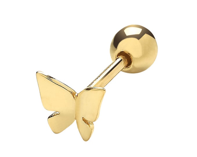 9ct Yellow Gold Butterfly Shaped Cartilage 6mm Bar Single Stud Screw Back Earring - Real 9K Gold