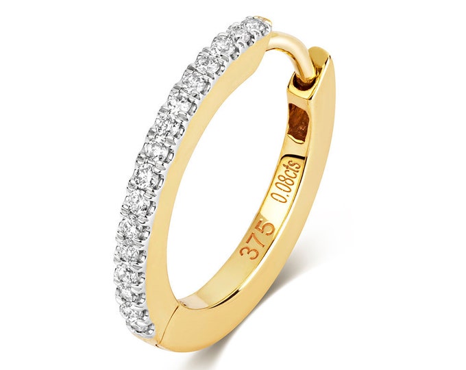 9ct Yellow Gold 15mm Diameter Claw Set 0.08ct Diamond Hinged Cartilage Single Hoop Earring - Real 9K Gold