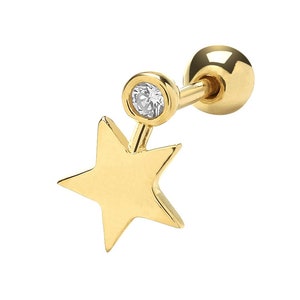 9ct Yellow Gold Star & Rubover Cz Helix Cartilage 6mm Bar Single Stud Screw Back Earring - Real 9K Gold