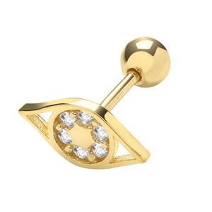 9ct Yellow Gold Cz Evil Eye Helix Cartilage 6mm Bar Single Stud Screw Back Earring - Real 9K Gold