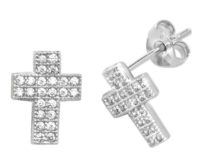 925 Sterling Silver Cz Pave Set 10x8mm Cross Stud Earrings