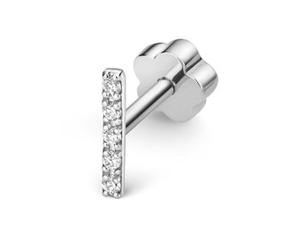 9ct White Gold 0.02ct Diamond Cartilage 6mm Bar SINGLE Stud Screw Back Earring - Real 9K Gold