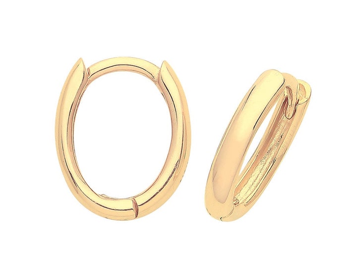 9ct Yellow Gold 10x6mm Oval Hinged Plain Huggies Hoop Earrings - Real 9K Gold