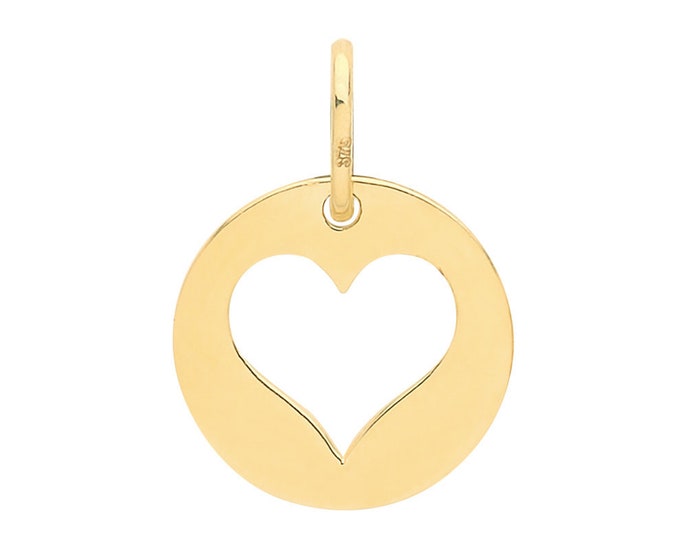 Small 9ct Yellow Gold 8mm Cut Out Heart Disc Charm Pendant - Real 9K Gold