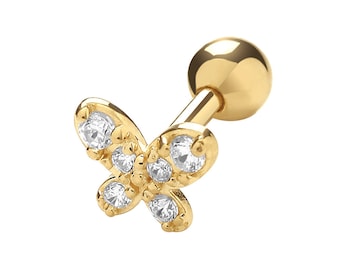 9K Yellow Gold Cz Butterfly Cartilage 6mm Bar Single Stud Screw Back Earring - Real 9K Gold