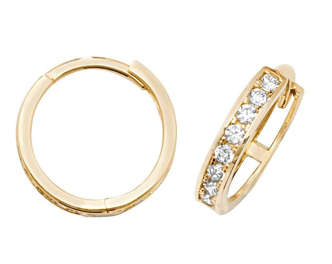 9ct Yellow Gold 10mm Half Channel Set Cz Hinged Hoop Earrings - Real 9K Gold