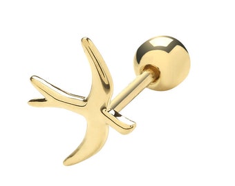 9ct Yellow Gold Swallow Bird Cartilage 6mm Bar Single Stud Screw Back Earring - Real 9K Gold