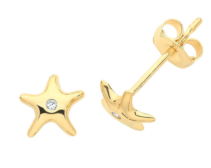 Modern 9ct Yellow Gold Cz Starfish Stud Earrings 6mm Diameter- Real 9K Gold