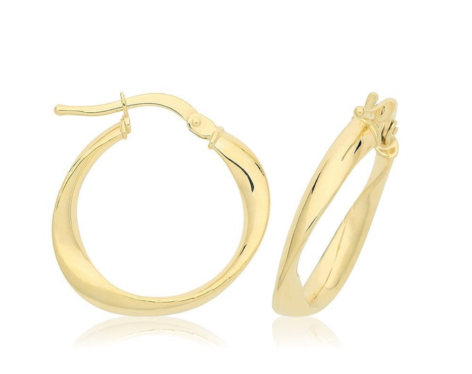 9ct Yellow Gold Plain Polished 3mm Gentle Twist Hoop Earrings 15mm 20mm 25mm 30mm - Real 9K Gold