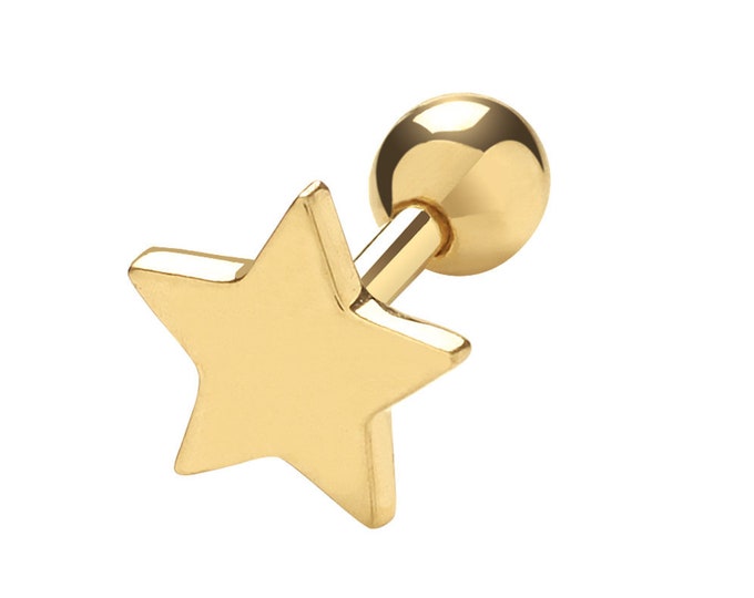 9ct Yellow Gold Plain 6mm Star Helix Cartilage 6mm Bar Single Stud Screw Back Earring - Real 9K Gold