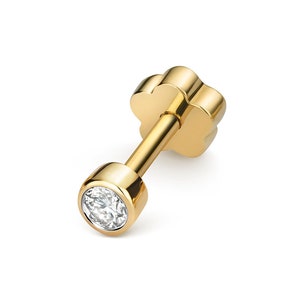 9ct Yellow Gold Solitaire 0.05ct Rubover Diamond Cartilage 6mm Bar SINGLE Stud Screw Back Earring - Real 9K Gold