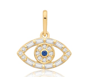 9ct Yellow Gold 12x8mm Baguette & Round Cz Evil Eye Charm Pendant - Real 9K Gold