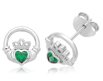 925 Sterling Silver Green Cz 9mm Irish Claddagh Heart Shaped Stud Earrings Rhodium Plated