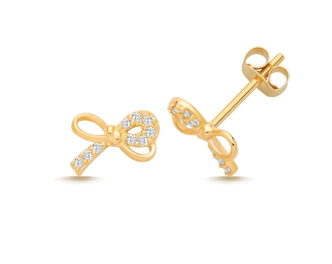 9K Gold Pretty Ribbon Pave Set Cz Bow Stud Earrings 8x6mm