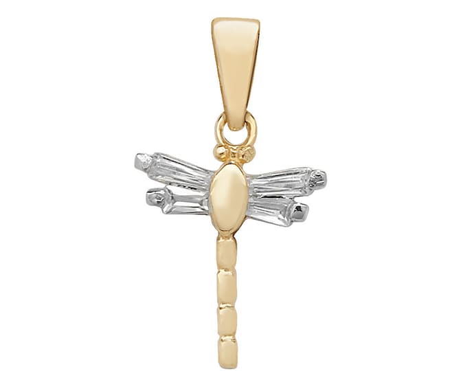 Small 9ct Yellow Gold 12mm Dragonfly Charm Pendant Baguette Cz Wings - Real 9K Gold