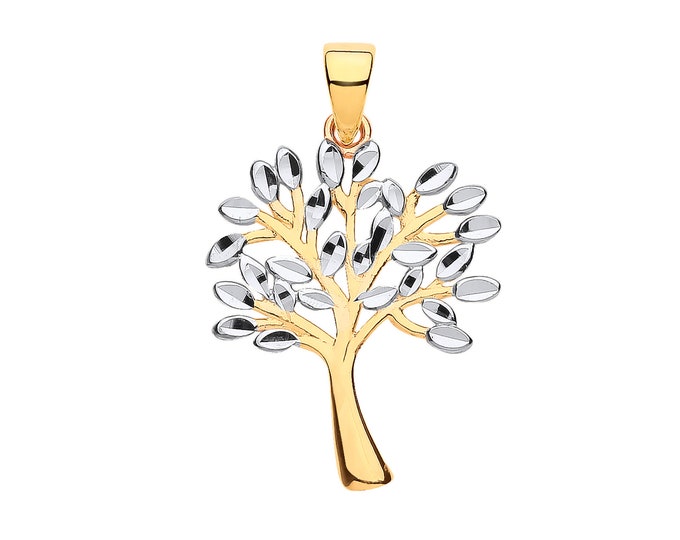 Modern 9ct 2 Colour Gold Tree of Life Charm Pendant 25x15mm - Real 9K Gold
