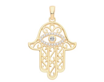 Gold Plated 925 Sterling Silver 25mm Hamsa Hand Cz Evil Eye Talisman Charm Pendant