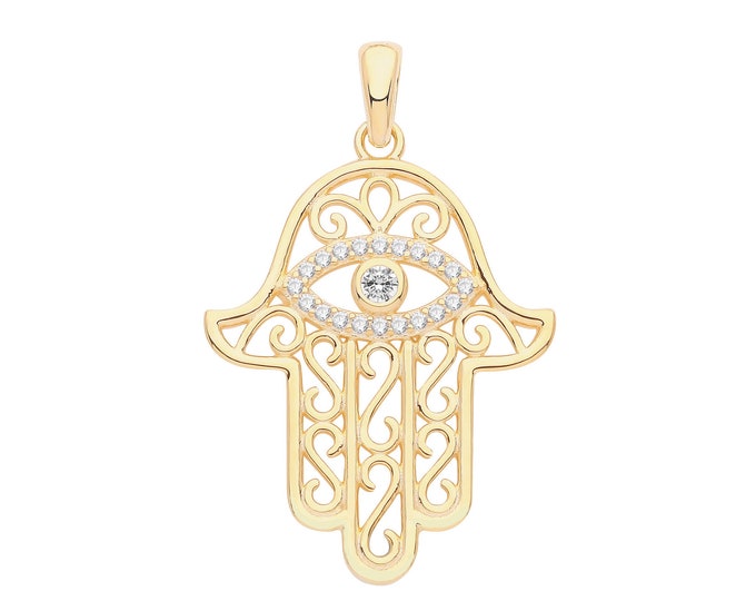 Gold Plated 925 Sterling Silver 25mm Hamsa Hand Cz Evil Eye Talisman Charm Pendant