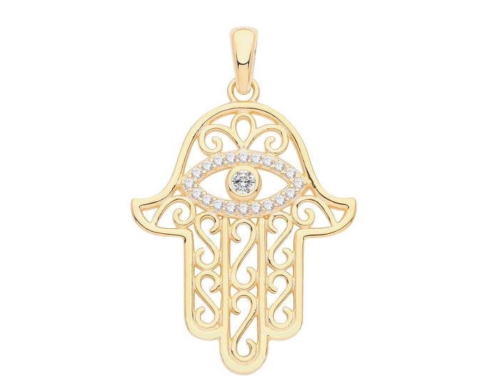 Gold Plated 925 Sterling Silver 25mm Hamsa Hand Cz Evil Eye Talisman Charm Pendant