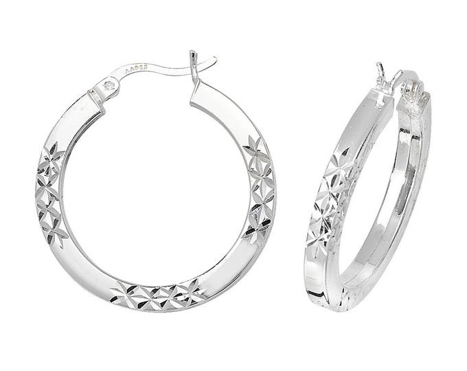 925 Sterling Silver Square Tube Kiss Cross Diamond Cut Hoop Earrings - Choice of sizes