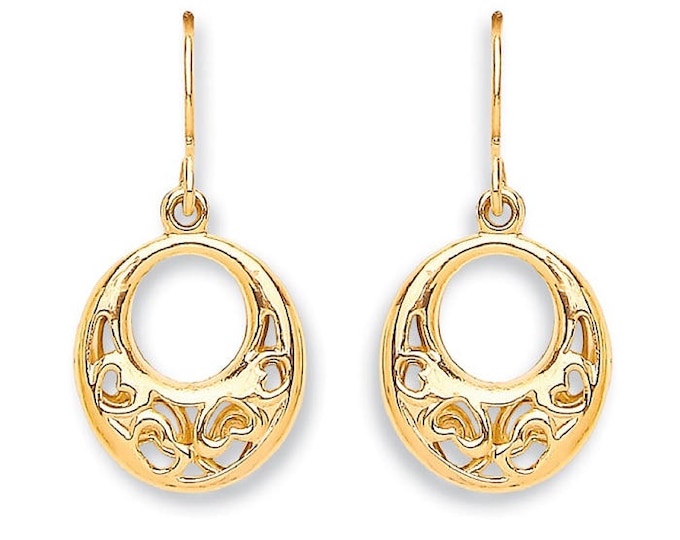 9ct Yellow Gold Filigree Hearts Oval Shaped Drop Hook Earrings - Real 9K Gold