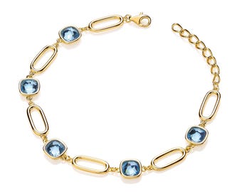 Gold Plated Silver Cushion Cut Blue Glass Ladies 7" Bracelet