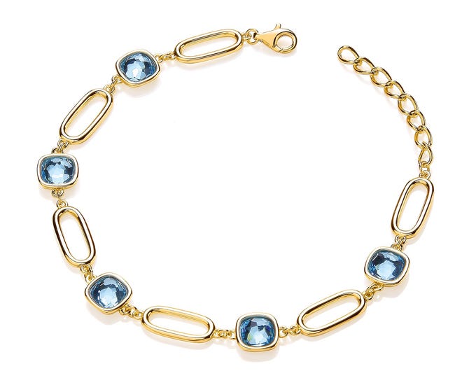 Gold Plated Silver Cushion Cut Blue Glass Ladies 7" Bracelet