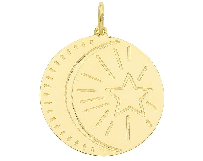 9ct Yellow Gold 17mm Sun Moon & Star Disc Charm Pendant Hallmarked - Real 9K Gold