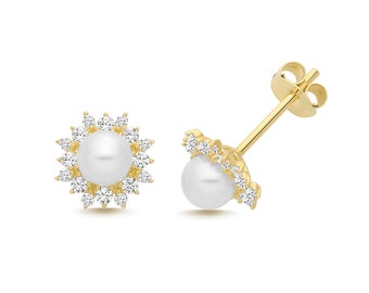 9ct Yellow Gold 7.4mm Diameter Freshwater Pearl & Cz Stud Earrings - Real 9K Gold