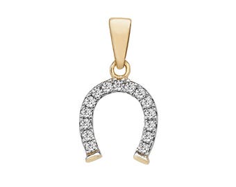 9ct Yellow Gold & Pave Cz Lucky Horse Shoe Charm Pendant - Real 9K Gold