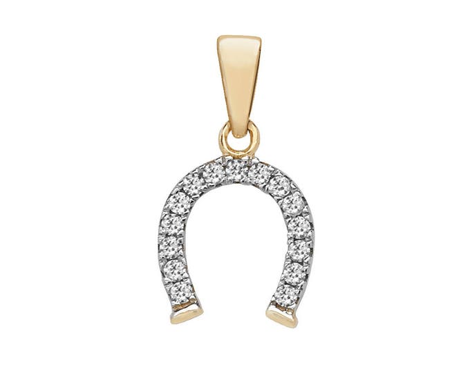 9ct Yellow Gold & Pave Cz Lucky Horse Shoe Charm Pendant - Real 9K Gold