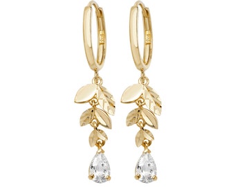 9K Gold 10mm Hinged Hoop Earrings With Gold Leaves & Teardrop Cz Stone - Real 9K Gold