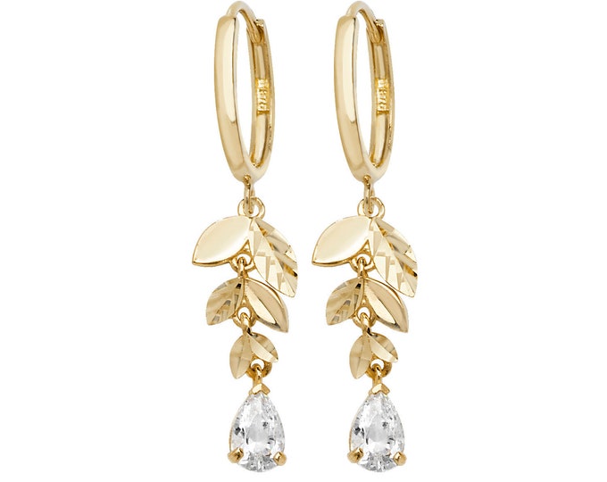 9K Gold 10mm Hinged Hoop Earrings With Gold Leaves & Teardrop Cz Stone - Real 9K Gold